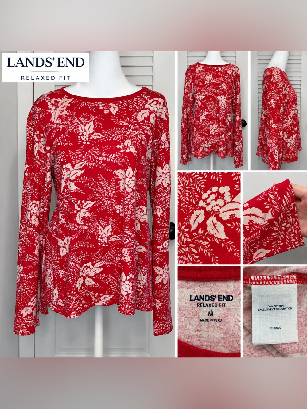 Lands’ End Red & Ivory Holly Botanical Print Cotton Top M | Holiday